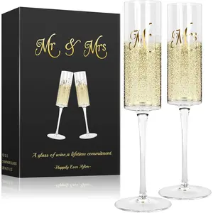 Mr & Mrs Champagne Flutes Set of 2 - - Engagement Gifts, Wedding Champagne Flutes for Bride and Groom - 210ml Elegant Glasses for Champagne, Prosecco, Christmas, Birthday