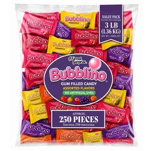 A Great Surprise Bubblino Hard Candy with Bubble Gum Filling - 3 Pounds, Approx 260 Units - No Artificial Dyes - Individually Wrapped - Cherry, Peach, Strawberry, Grape, Pineapple