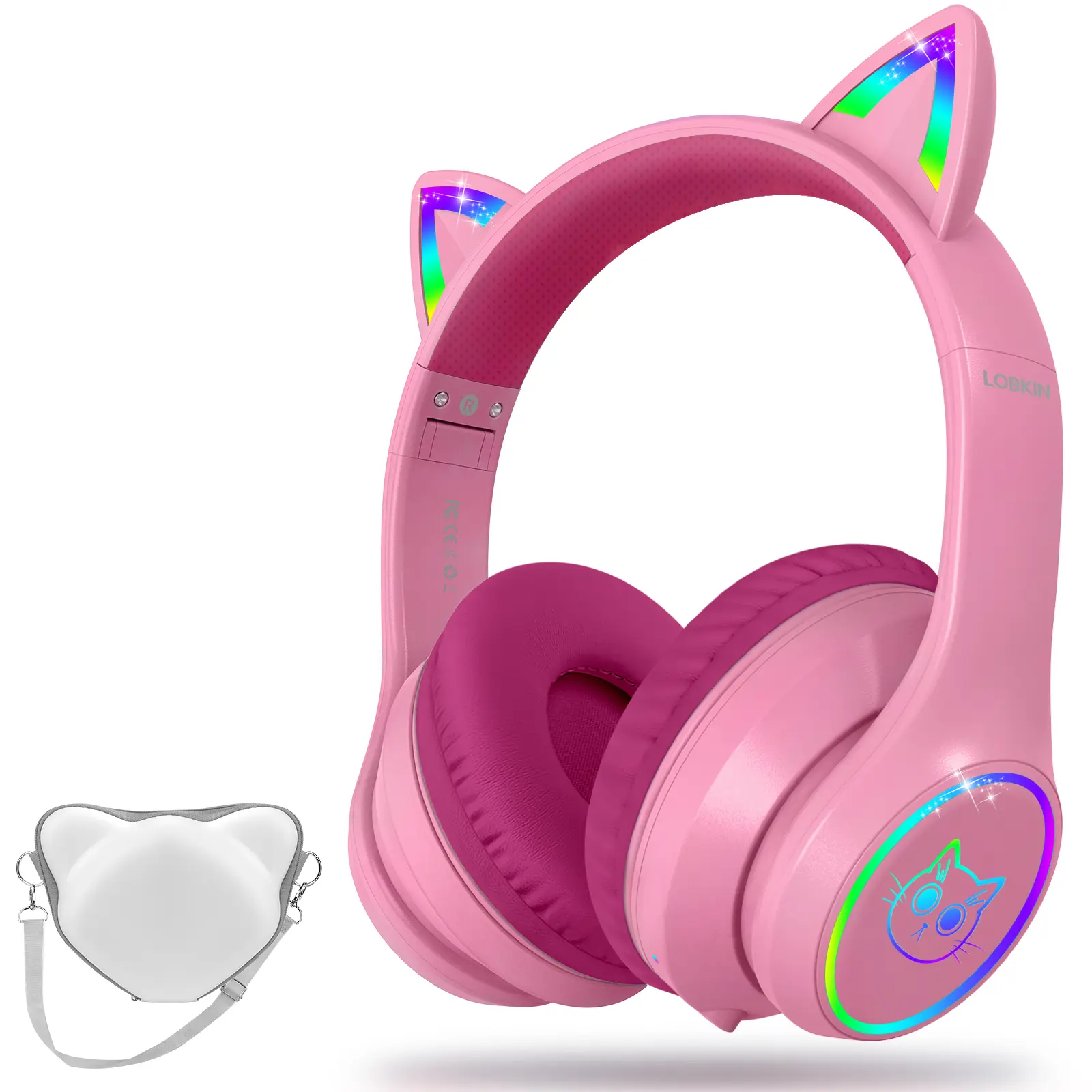 LOBKIN Bluetooth 5.4 Kids Over-Ear Headset - Noise Cancellation, Sponge Pads, RGB LED Cat Ears, Folding Adjustable Design, Case, Dual Wireless/Wired 3.5mm Connection, Wearable Tech Audio Device for Boys & Girls