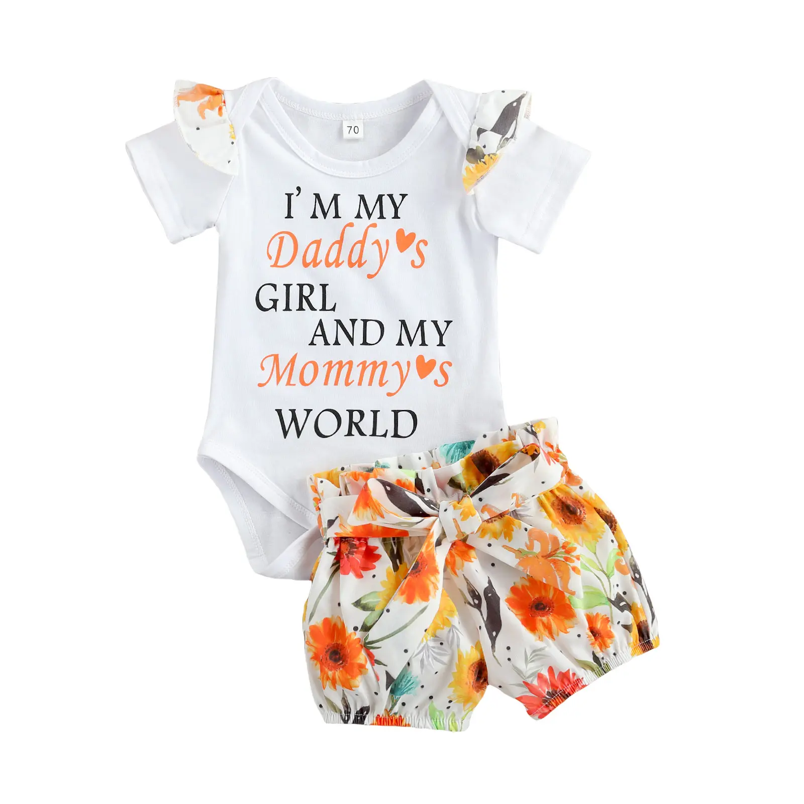 Baby Girl's 2-Piece Summer Onesie Gift Set, 0-2T Round Neck Short Sleeve Letter Print Romper + High Waist Floral Shorts With Bow Belt, Onesies Baby Girls Gift Sets