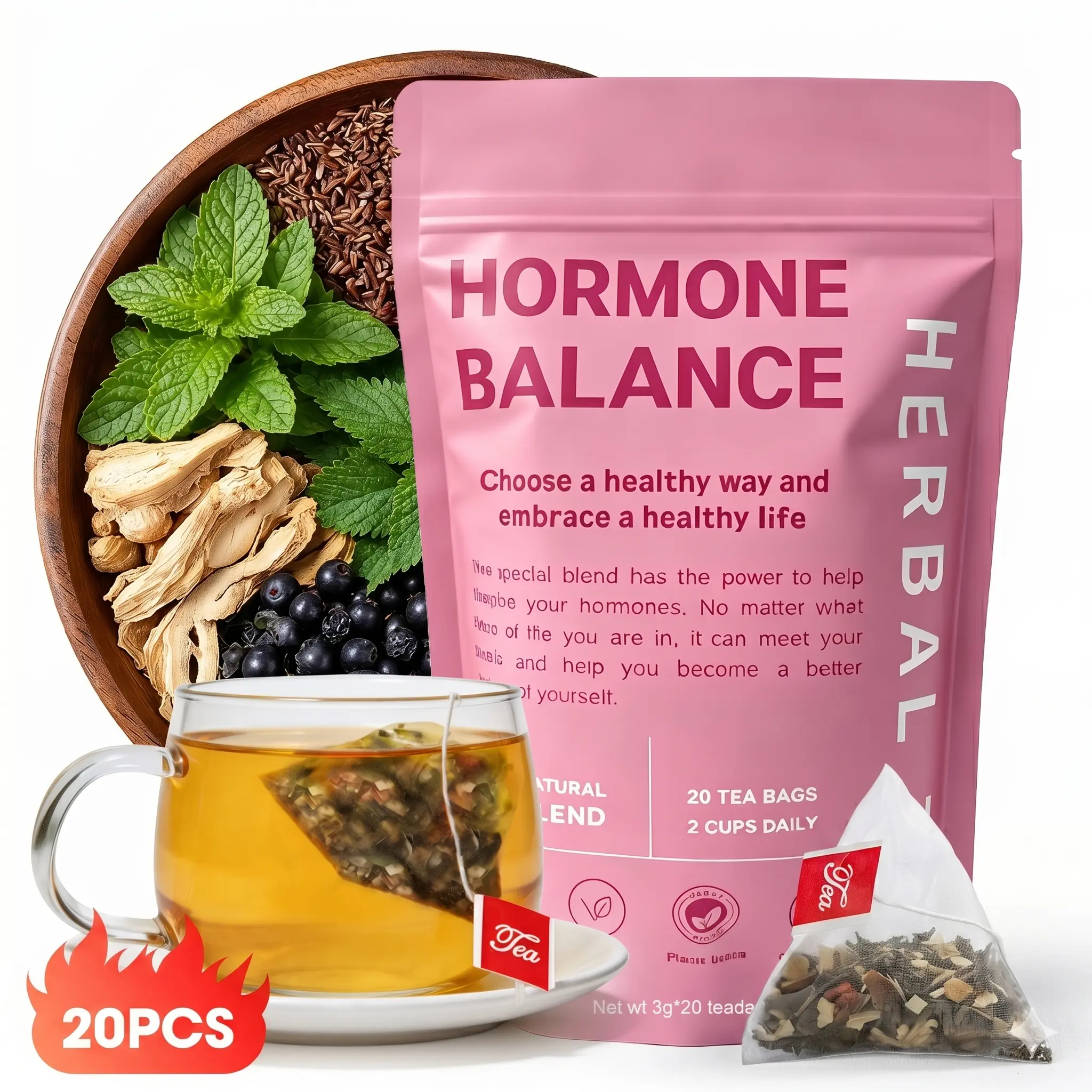 Hormone Balance Tea for Women, Organic Blend Hormone Bliss Tea Natural Relief, PCOS Support Herbal Tea, Menstrual Cycle & PMS Support with Kidney Health Tea Herbal Formula,Calm Balancing Tea Beverage