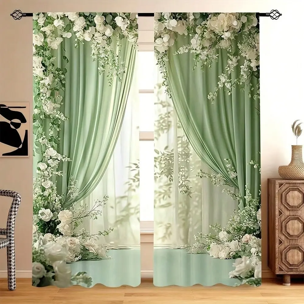 2-piece set, mint green floral, semi-transparent Sheer curtains, pole bag hanging, eco-friendly, suitable for home decoration, hand washable, hookless, Polyester Curtain, Home Decorative Curtain, Window Curtains