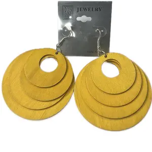Wood Round Circular Four Stack Ethnic Earrings