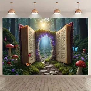 Reusable Polyester 2D Flat Fantasy Forest Magic Book Door Backdrop Banner, Fairy-Tale Mushroom & Butterfly Themed Photo Cloth, 1PC Party Decoration Supplies, Outdoor Banners for Children’s Birthday Photography