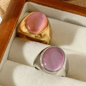 2Pcs French Stainless Steel 18k Gold Plated Gemstone Chunky Ring Set for Women, Perfect for Daily Matching and Holiday Jewelry