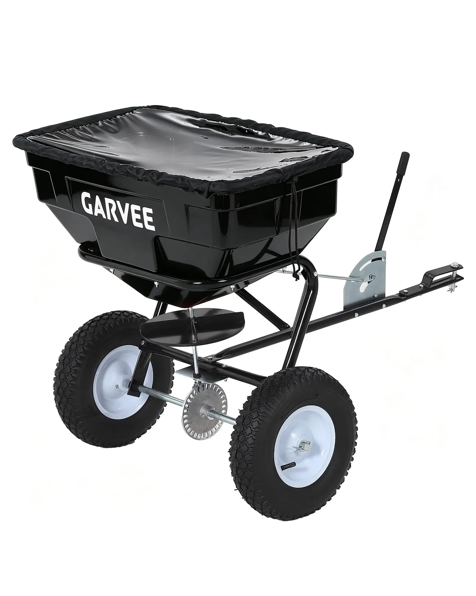 Tow Behind Broadcast Spreader, 125 LBS Large Capacity Universal Hook Tow & Push Lawn Spreader, 9.8 ft Spreading Width 30 Adjustable Settings, Compatible with UTV ATV Riding Mower & Most Tractors，Black