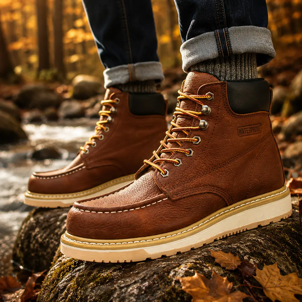 6" Men's Work Boot - Brown (AZX552) Classical Soft Toe MD Sole Genuine Leather Water-proof Safety Boots Comfortable Work Safety Shoes