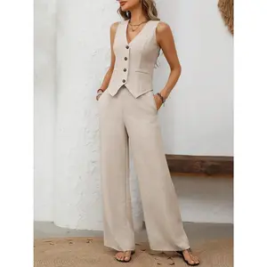 Morning Meetings V-Neck Button Down Vest and Wide Leg Pants Set Basic Womenswear