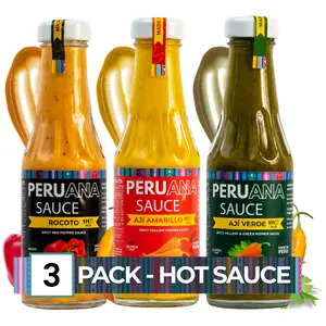 Peruana Sauce Tri Pack - Aji Amarillo, Rocoto & Aji Verde - 7oz Bottles - Gluten Free, Non GMO, Keto Friendly - Gourmet Peruvian Spicy Peppers