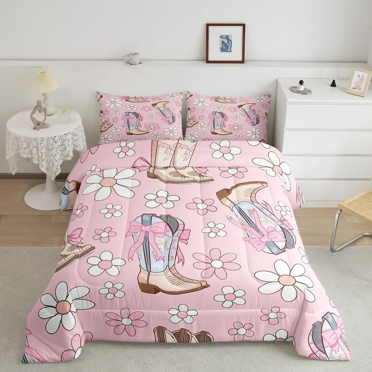 Feelyou Bedroom Bedding Set - Vintage Bowknot Western Boots Themed, Breathable Decorative Flower Design Bow Print Matching Set Duvets