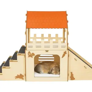 Extra Large Bunny Hideout, Cozy Rabbit Castle with Fleece Mats, Wooden Rabbit Hideout, Bunny House Indoor Indoor, Chinchilla, Guinea Pig House (Pet Safe Wood Joints)