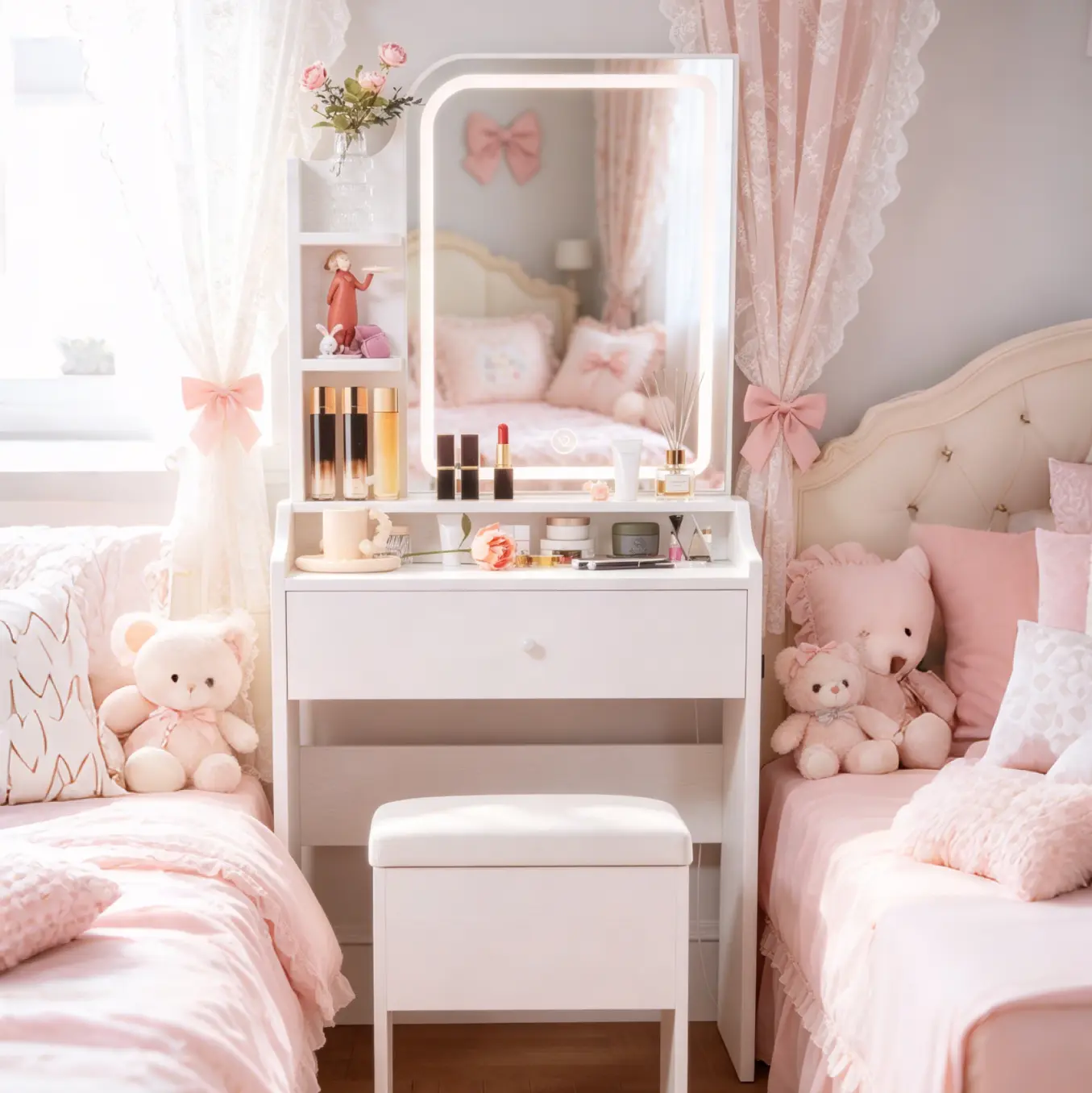 White Compact Stylish Girls' Makeup Vanity Desk Set - Dressing Table with LED Lights, 4 Drawers, Chair, 3 Shelves, Large Beauty Slide, Mirror, Apartment Bedroom/Bathroom Organizer, Assembly Required