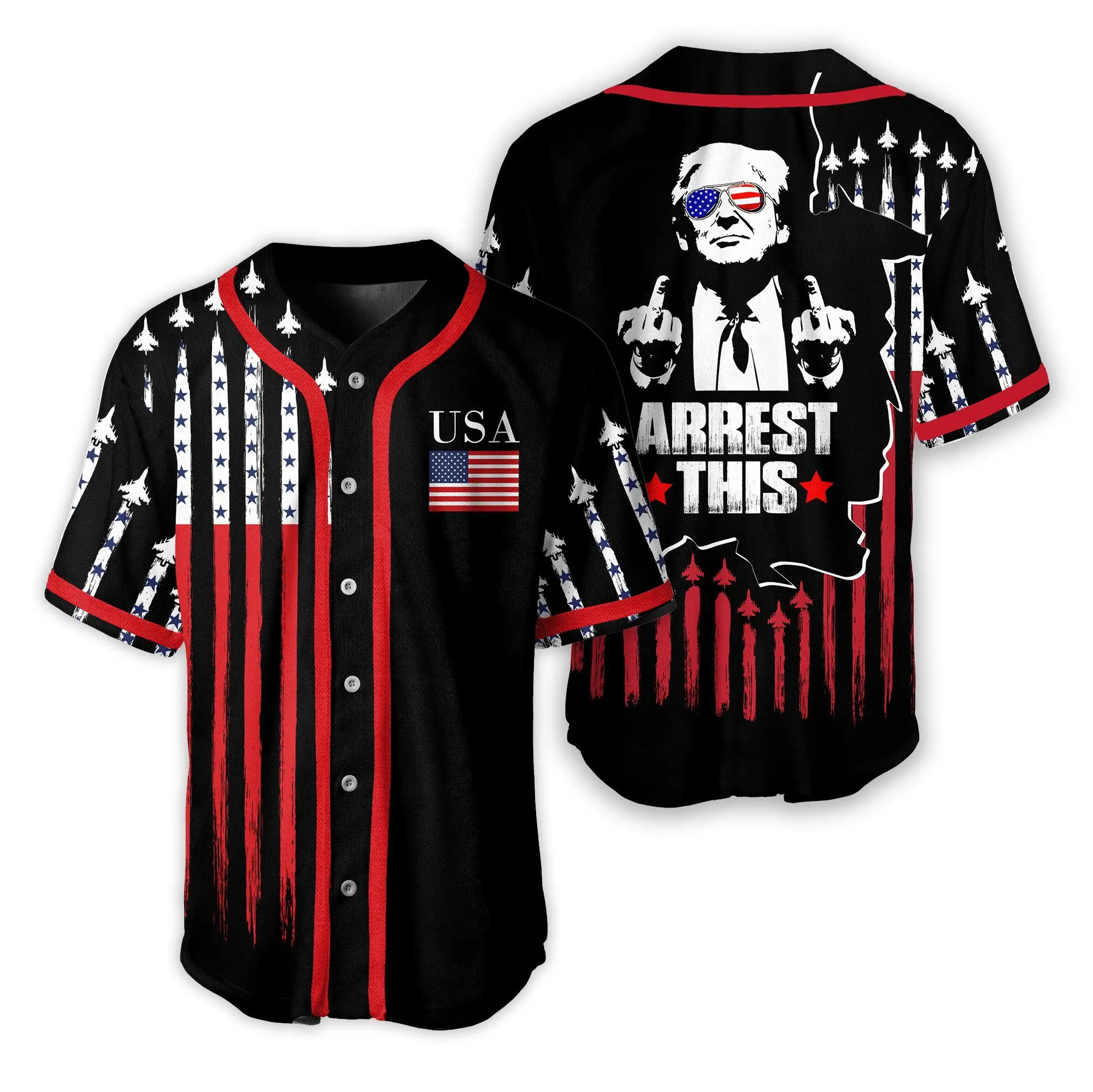 Black Trump Arrest This Baseball Jersey, American Flag Shirt for Men, Women, Button Down Summer Outfit, vintage style, funny Trump Jersey, Summer 2024 Jersey Style, Unisex Outfit