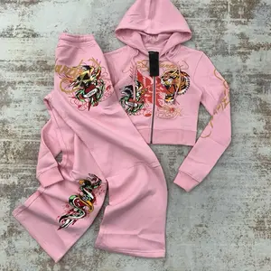 Y2k Women's Ed Pink Tracksuit with Bold Tiger and Snake Graphics Comfortable and Stylish