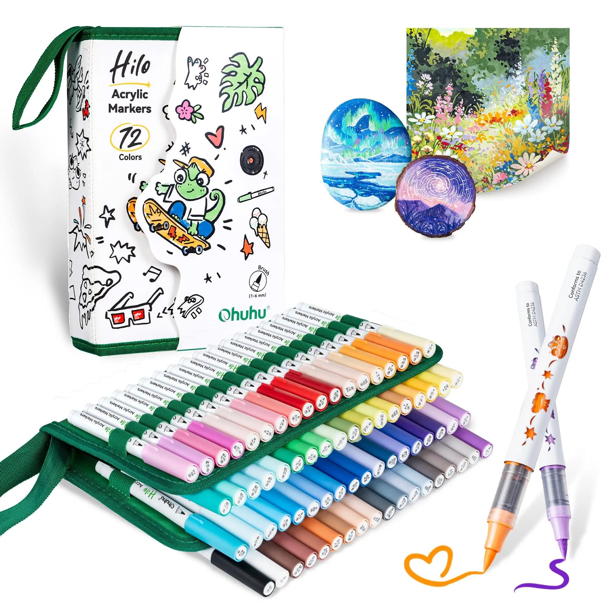 Ohuhu Acrylic Paint Markers: 48 Colors / 72 Colors Smooth Blending - Brush Tip - Acrylic Markers Good Coverage No Bleed Direct-Ink Acrylic Paint Pens for Paper Coloring Rock 3D Prints Eggs Wood DIY Crafts - Hilo Series of Ohuhu