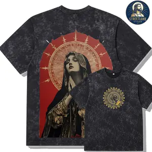 Vintage Mineral Wash Graphic Tee Oversized Streetwear T-Shirt Heavyweight Boxy Top Retro Gothic Praying Virgin Mary Print Religious Golden Hands Luxury Dark Apparel