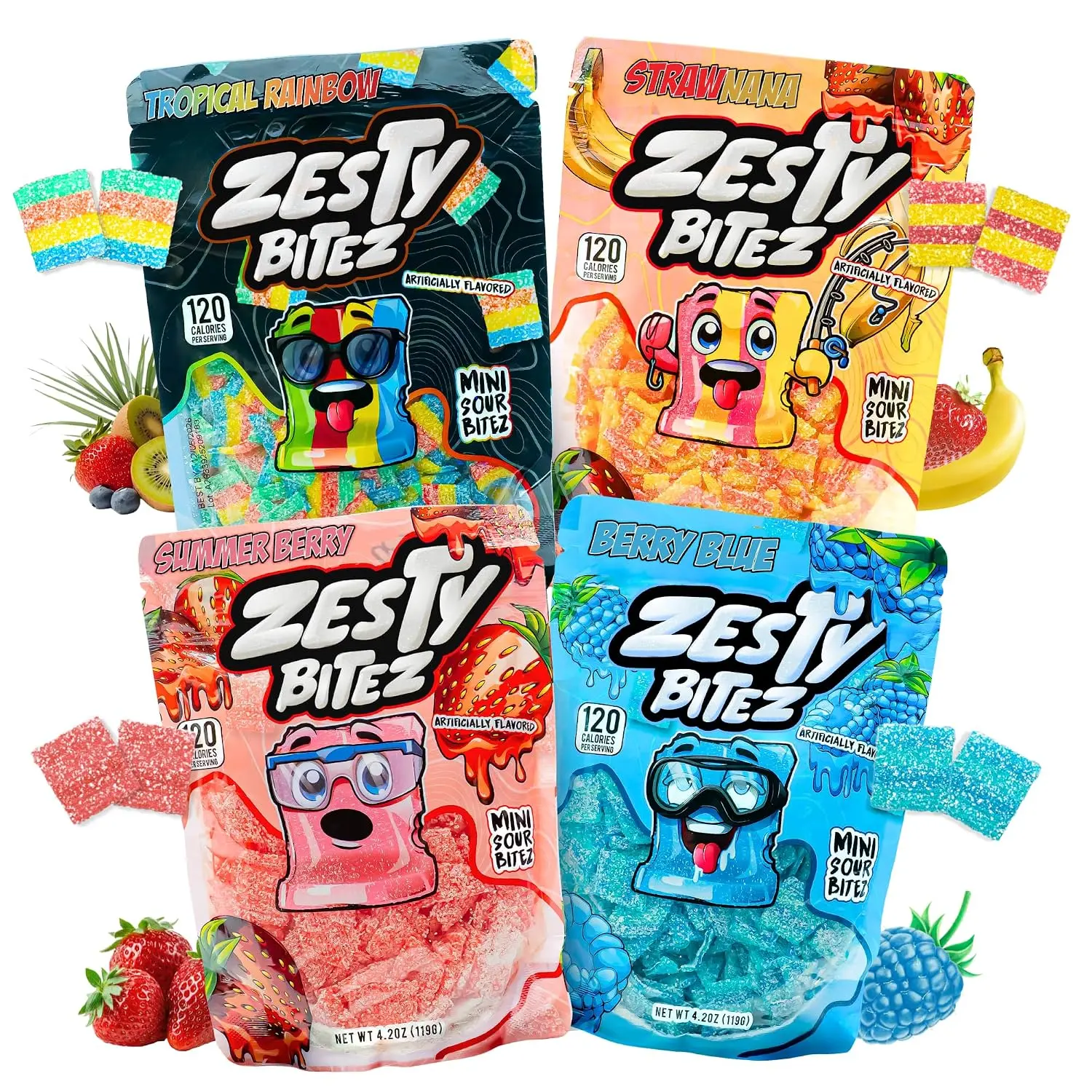 Zesty Bitez Sour Belts Candy, Bite-Sized Chewy Vegan Variety Pack, 4 pk Blue Raspberry, Rainbow, Strawberry flavors, thin tangy gummy treats, plant-based, resealable pouch, party sharing snack Fruit Sweet