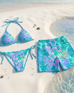 Teal Purple Hibiscus Bikini and Trunks Matching Couple Swimwear Set