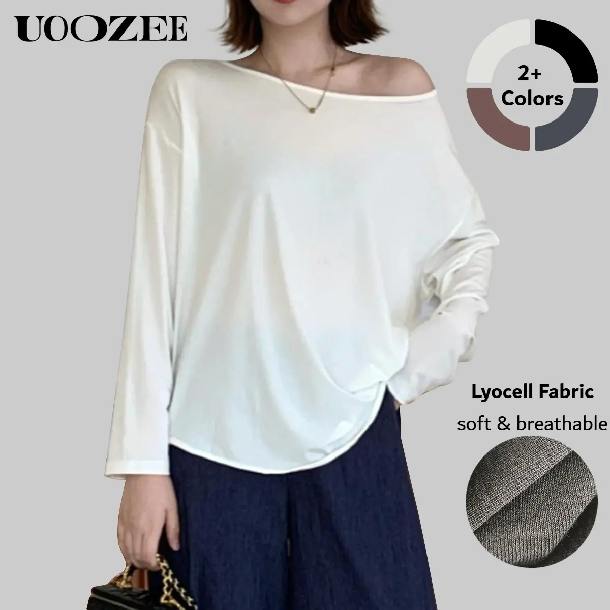 UOOZEE 2025 Women's Early Autumn Minimalist Off-Shoulder Long-Sleeve Lyocell Flowy Blouse - Elastic, Breathable, Slouchy Loose Casual Basic Top, Drop Shoulder, Scoop Neck, Spandex Fit for Urban Commuting (White, Slightly Sheer), Off Shoulder Tops