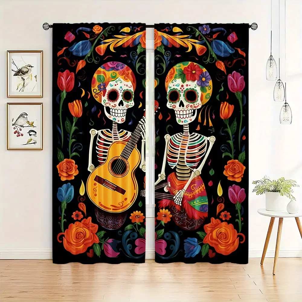 2-Pack, Vibrant Day of the Dead Skull Printed Curtains - Mexican Sugar Skull Guitar and Floral Design for Bedroom Living Room, Kitchen or Dorm Home Decor, Rod Pocket Curtains (Black Background), Skull Home Decor, Day of the Dead Decor, Window Drapes