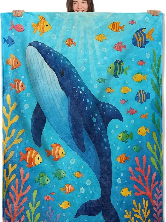 Cute Cartoon Blue Whale Underwater Coral Fish Flannel Throw Blanket, Large Soft Lightweight Warm Decor Blanket, Multi-Purpose Sofa Cover, Wall & Front Door Hanging Tapestry, Ocean Kids Aesthetic Gift for Family and Children