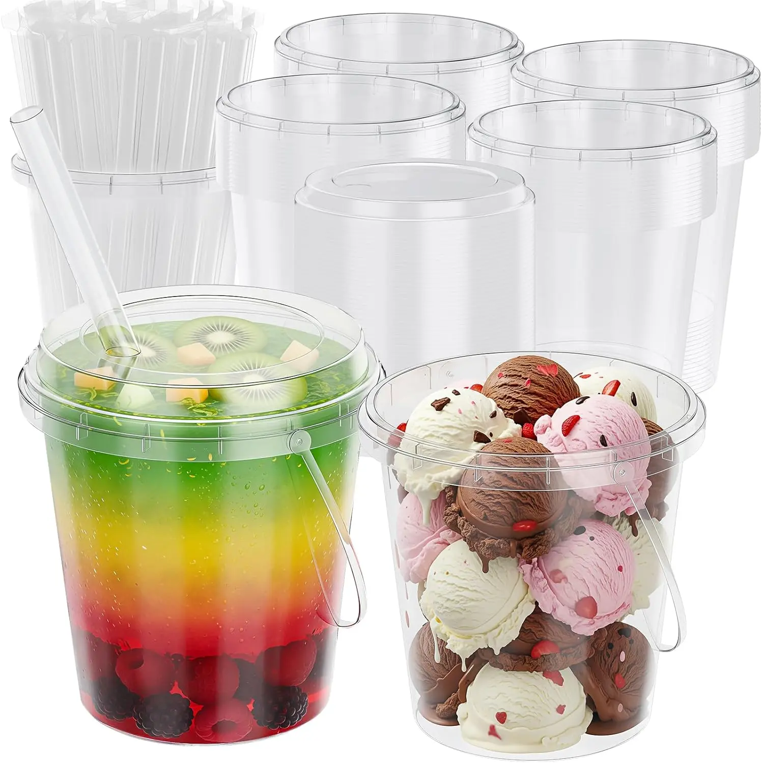 60 Sets Clear Plastic Disposable Drink Buckets with Lids, Straws & Handles, 24 Oz Cocktail Pails for Beach, Halloween Parties, Home Bar Beer Supplies