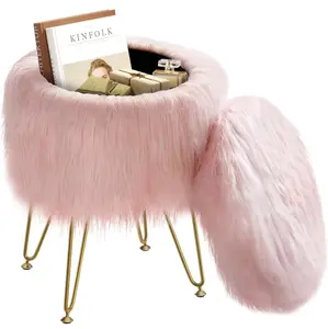 Furry Vanity Stool Chair with Storage, 13.0" W x 17.7" H Round Faux Fur Ottoman with 4 Metal Legs, Furry Padded Seat, Modern Multifunctional Makeup Stool for Bedroom Living Room , Stylish and Chic