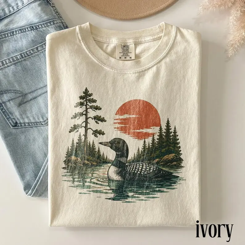 Comfort Colors Vintage Loon Lake Nature Shirt, Retro Wildlife Bird Graphic Tee, Classic Forest Lake Landscape Top, Outdoor Gift
