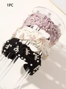 Pearl & Bow Knot Headband, Elegant Fabric Twisted Hair Hoop, Non-slip Hair Accessories for Women