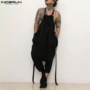 INCERUN Men's Solid Basics Casual Comfy Overalls - Spring-Summer Polyester Fabric, Loose Deconstructed Wide-Leg Sleeveless Dungarees for Simple Male Outfits