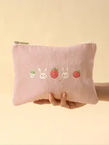Cute Cartoon Rabbit & Strawberry Pattern Makeup Bag, Lightweight Zipper Makeup Organizer, Multifunctional Cosmetic Storage Bag, Cosmetic Pouch for Travel & Daily Use