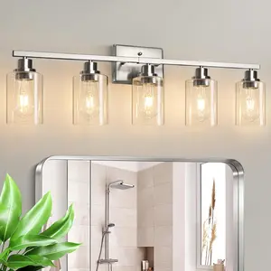 Modern Bathroom Light Fixtures, 5 Light Vanity Lights Over Mirror, Brushed Nickel Wall Lamp with Clear Glass for Living Room Cabinet Bedroom Porch