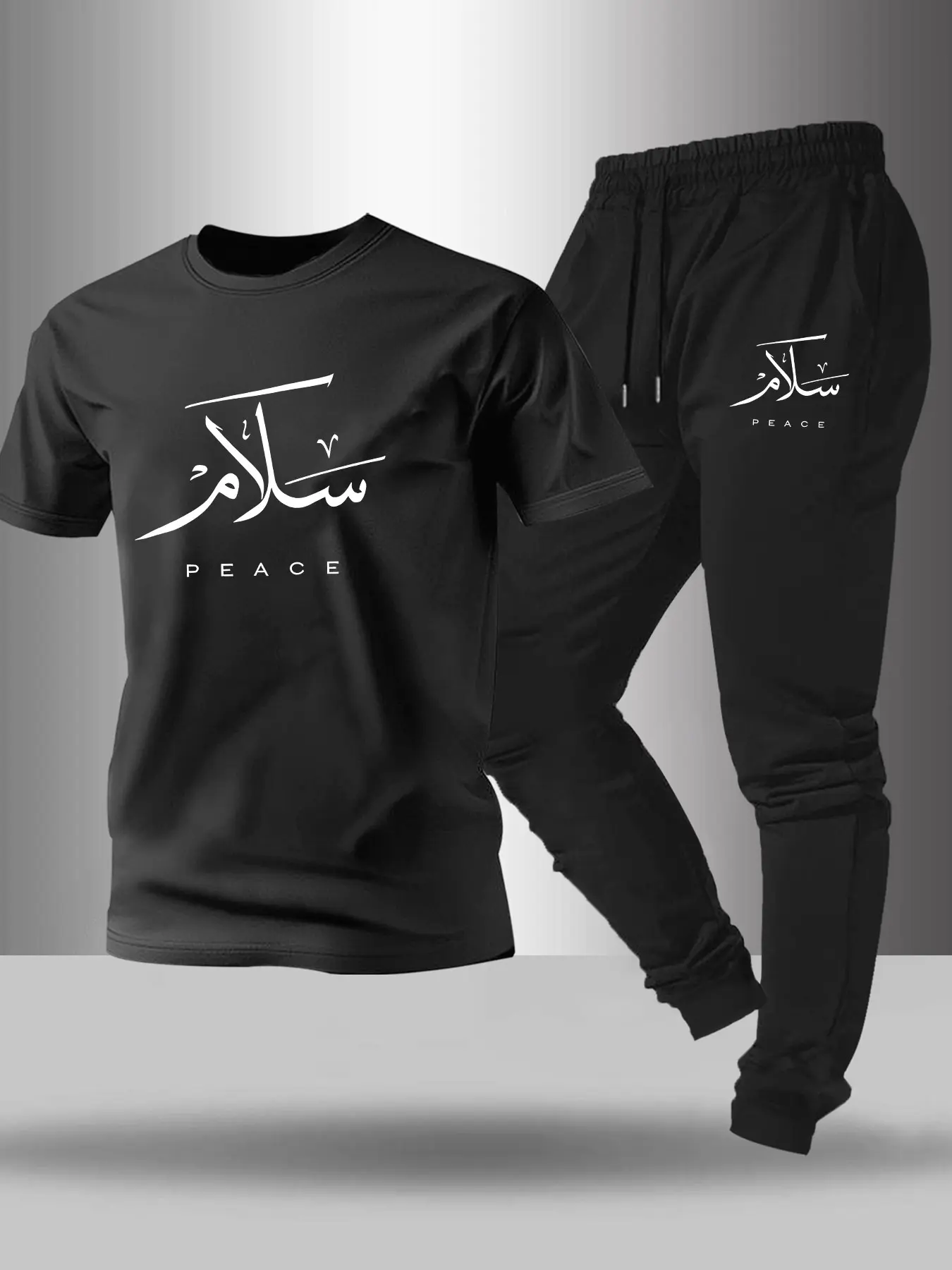 Men's Letter Print Set, Spring & Fall Knit Stretch Round Neck Tee + Drawstring Casual Sport Pants, Outdoor Leisure Streetwear Tracksuit Set 2 Piece Set Tracksuit Sets