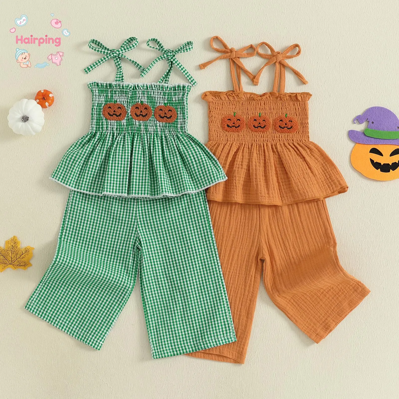 Toddler Girl Halloween Outfit, Pumpkin Embroidery Smocked Tie-up Spaghetti Strap Tops Solid Wide Leg Pants Set, Casual Baby Girls Set