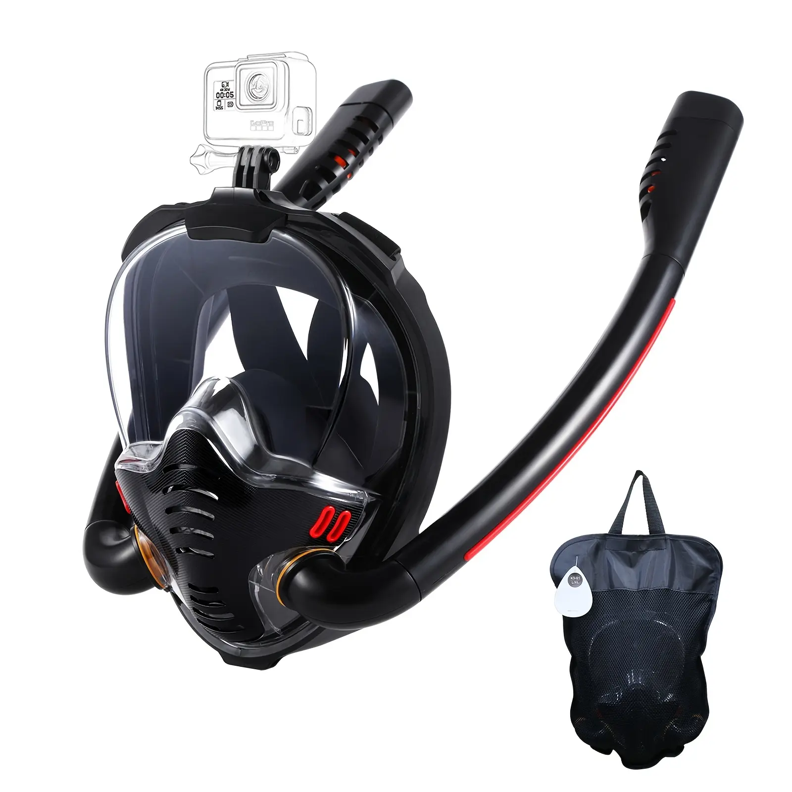 Adult Full Face Snorkel Mask with Camera Mount, 180° Vision Dry Top Dual Tube, Anti-Clouding, Must-Have for Beach Vacations, Snorkel Set, Snorkeling Gear