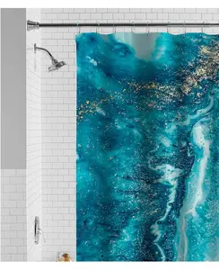 Waterproof Watercolor Marble Shower Curtain Set & Hooks, 13-Piece, Blue