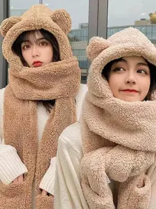 Women's Cute Bear Hooded 3-In-1 Set, Warm Cozy Winter Plush Scarf & Gloves, Stylish Accessory for Cold Weather Comfort