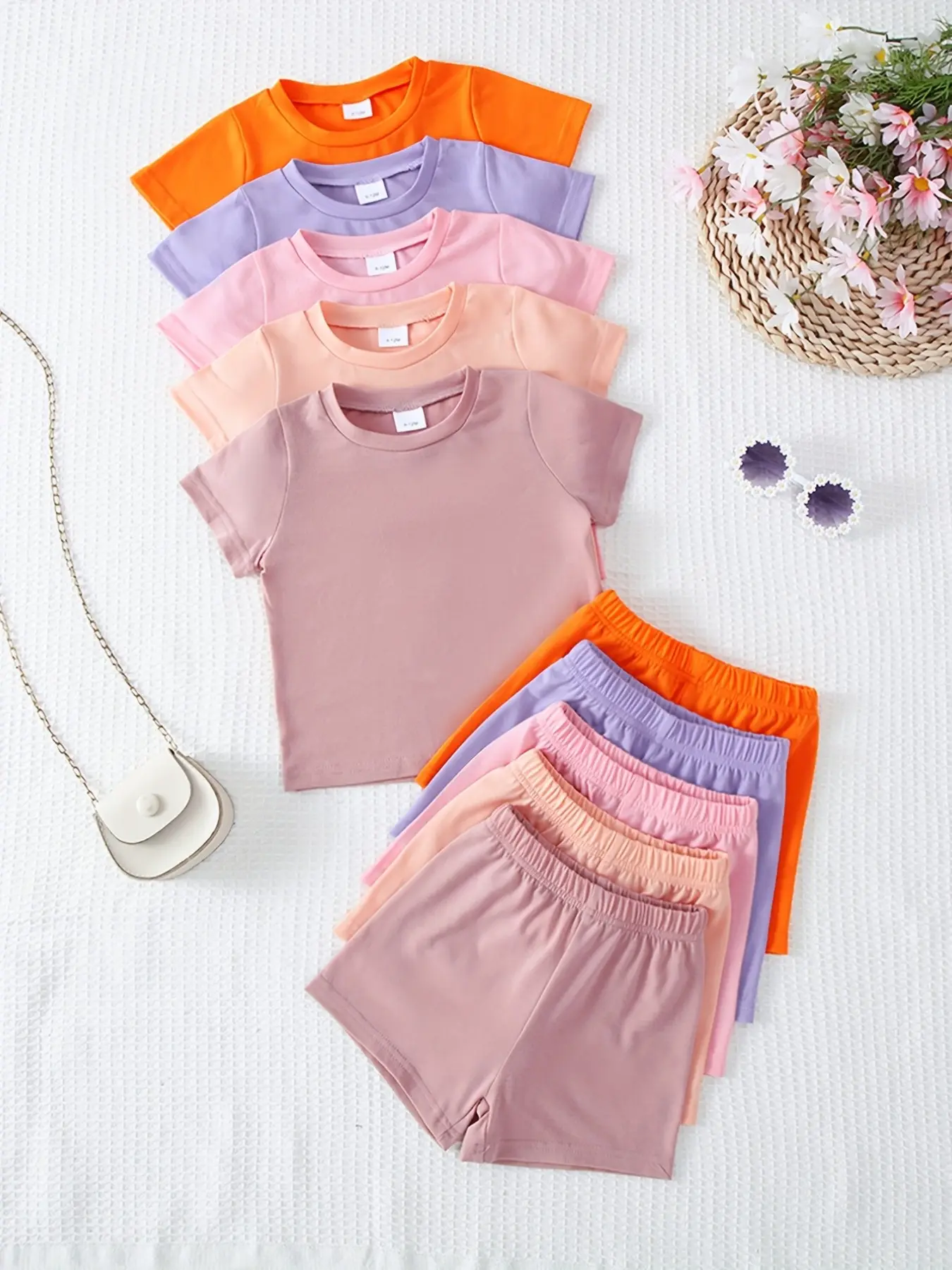 10-Piece Baby Girls' Soft Comfortable Knitted Solid Color Short-Sleeve Top & Shorts Set, Casual Summer Outfits