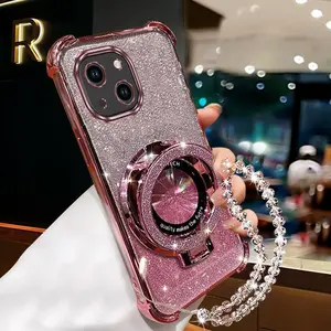 Fashion Strap Lanyard Glittery with Crystal Style Chain PC Phone Holder Case with Elegant Protector For Compatible with iphone 15 Accessories