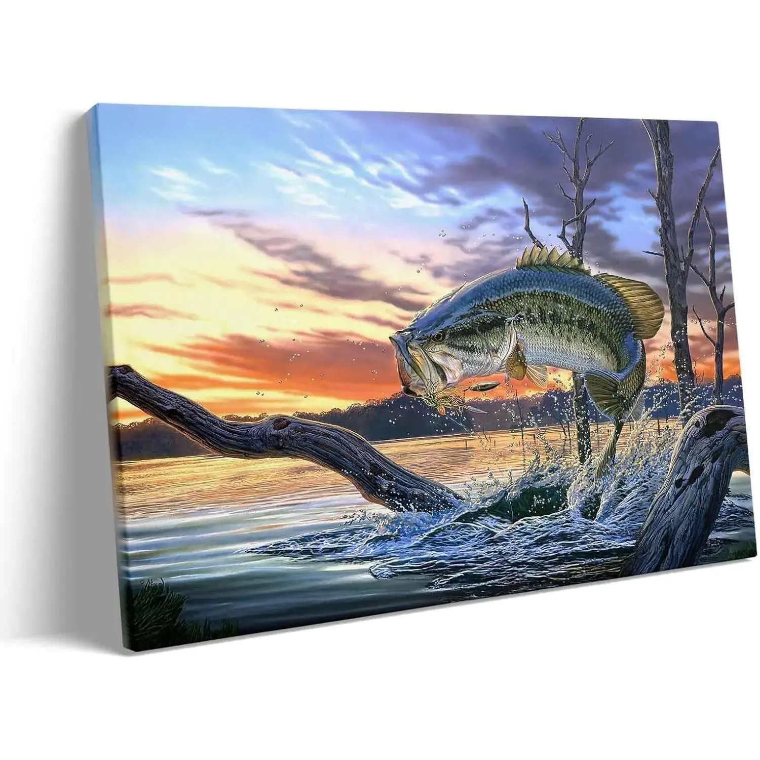 Prixas Artistic Large Mouth Bass Fish Print Canvas Wall Art - Fish Motif Gallery-Wrapped Blue Decor, Easy-Install All-Seasons Nature-Inspired Hanging Painting for Living Room, Bedroom