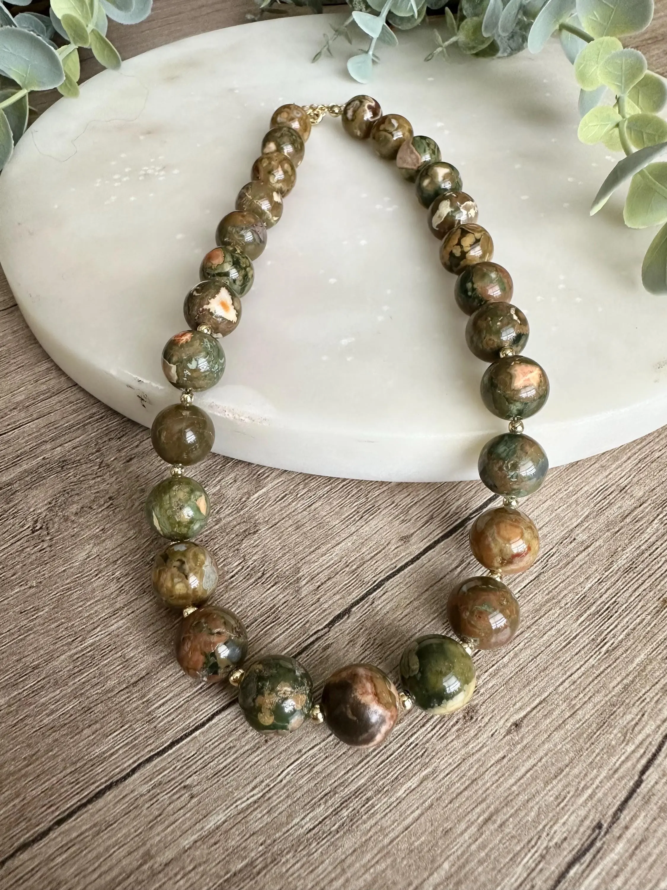 Rainforest Jasper Necklace (Rhyolite), 12mm Natural Gemstone Necklace, Green Brown Statement Necklace, Gold Filled
