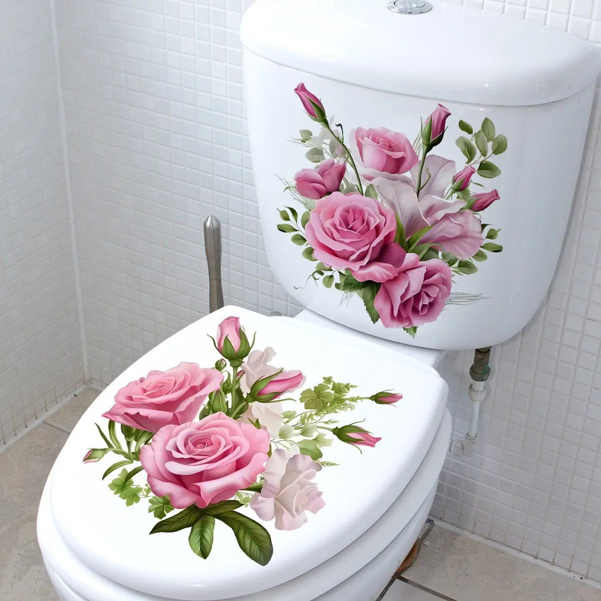Rose Bathroom Toilet Lid Cover Self-Adhesive Waterproof Sticker, Bathroom Decoration Supplies, Restroom Accessories, 2 Pieces, Easy to Install, Durable and Reusable