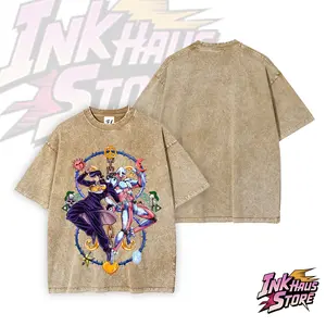 Jojoba Higashikata Josuke and his Stand "Crazy Diamond". --Short Sleeve Cotton Unisex Retro Wash Tee
