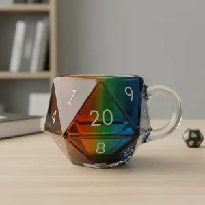 D20 Dice Mug Rainbow Multifaceted Rpg Cup Funny Tumblers, Numbered 20 Sided Die Design, Comfortable Handle for Tabletop Games, D&d Player Gift