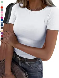 2026  Women Short Sleeve Tops Crewneck Rib Knit Slim Fit Shirts Basic Tee Summer Casual Lady T-Shirt Trendy Chic Clothes Soft Tee
