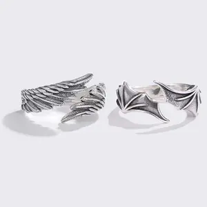 Angel and Devil Wings Couple Stackable Ring Set - Matching Couple Things, Angel Motif Jewelry, Wings Accent Artificial Gemstone Accessory for Birthday Gifting, Angel Motif Rings