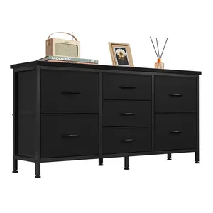 7-Drawer Fabric Dresser for Adults 47-inch TV Stand for Most 43 to 55 inch TVs Wide Storage Chest with Metal Frame Black