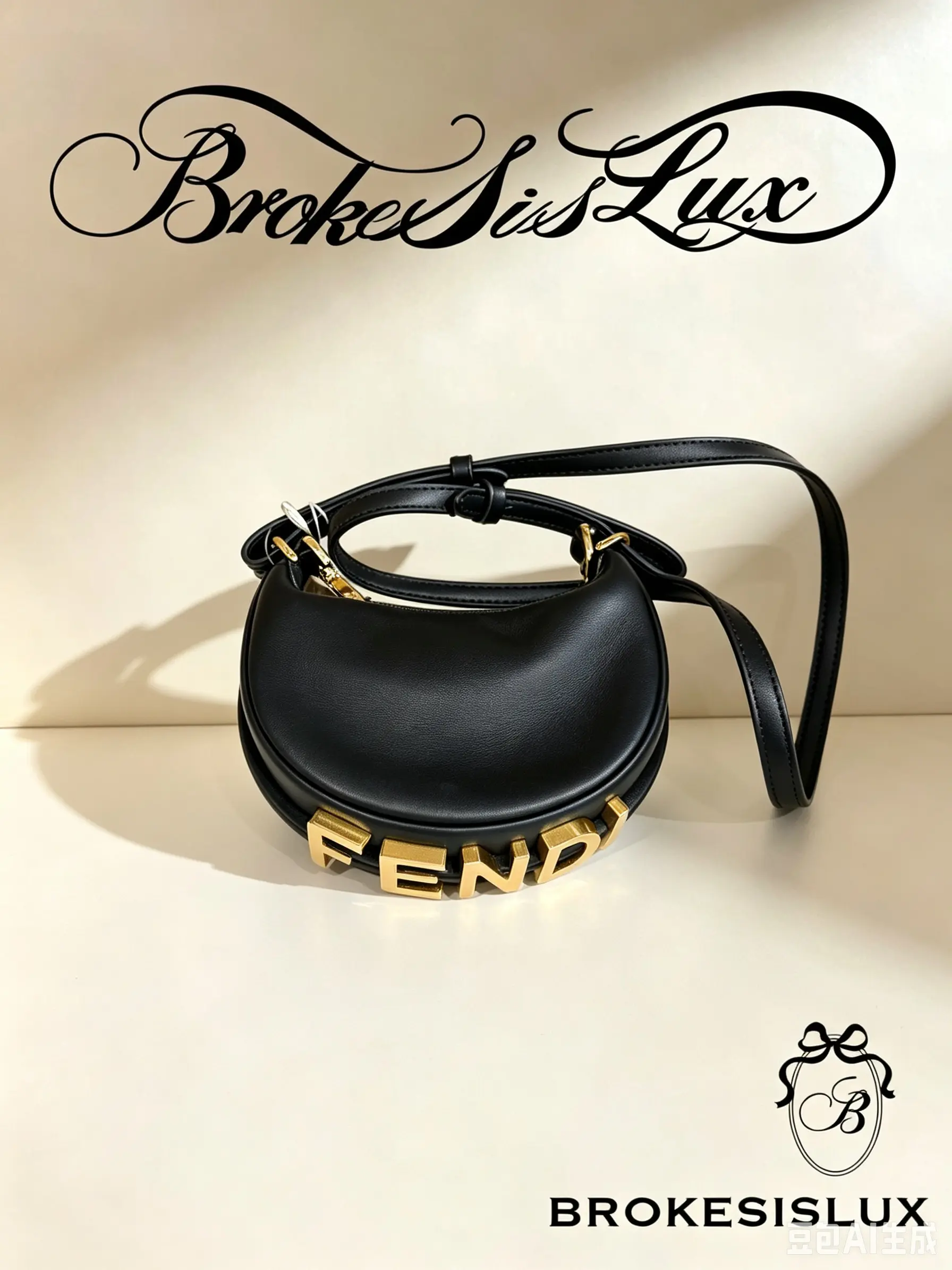 Pre-owned FENDI Mini Crescent Hobo Shoulder Crossbody Bag, Black Smooth Calfskin, 3D Gold Letter Logo, Adjustable Detachable Leather Strap