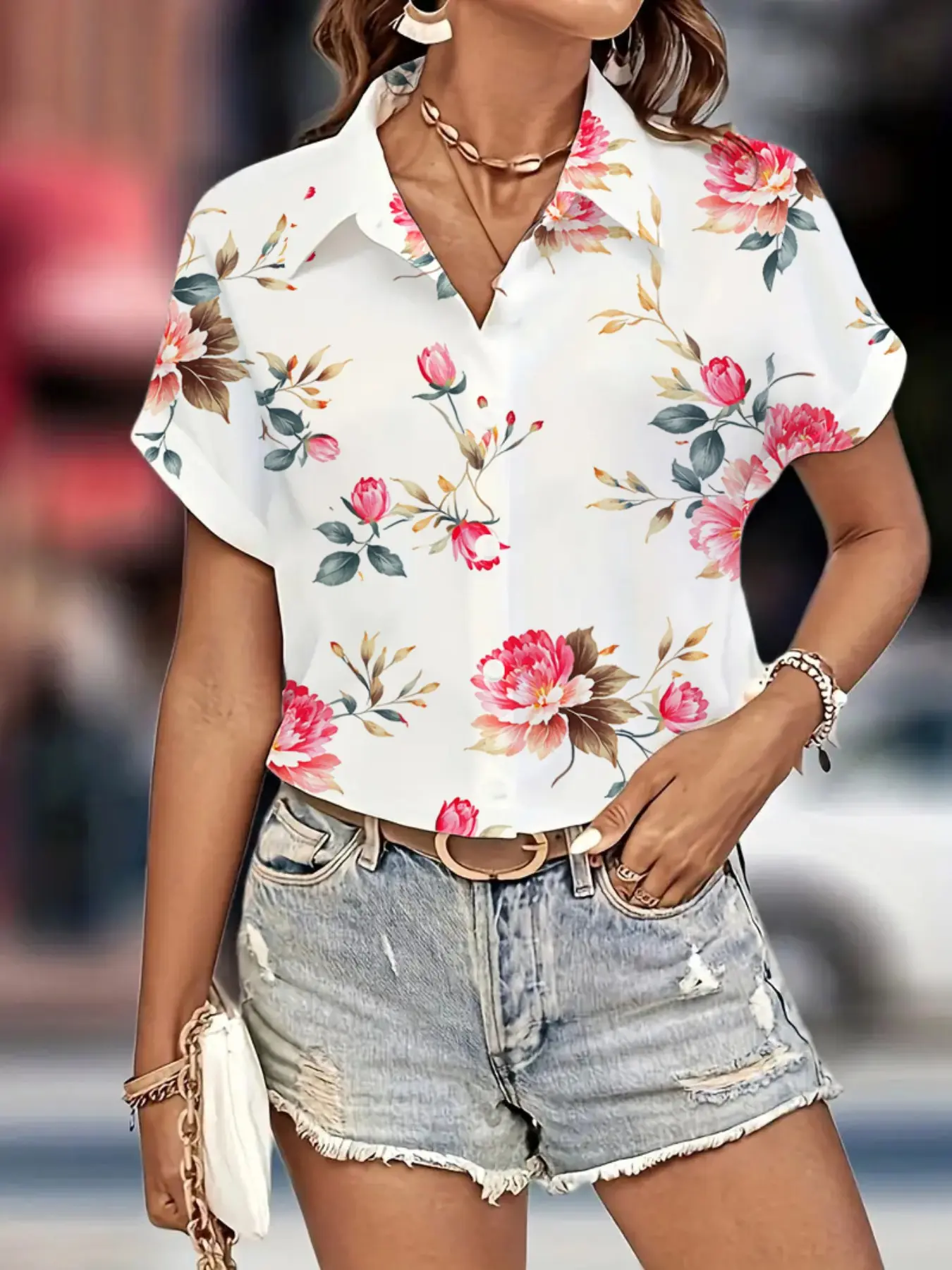 2026 Women's Summer New Fresh Flower Print Short Sleeve Shirt, Loose Fit Slimming Light Mature Style Office Wear Blouse