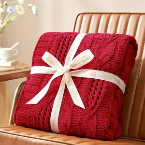 Cable Chunky Knitted Chenille Throw Blanket, Red-Amelie Home
